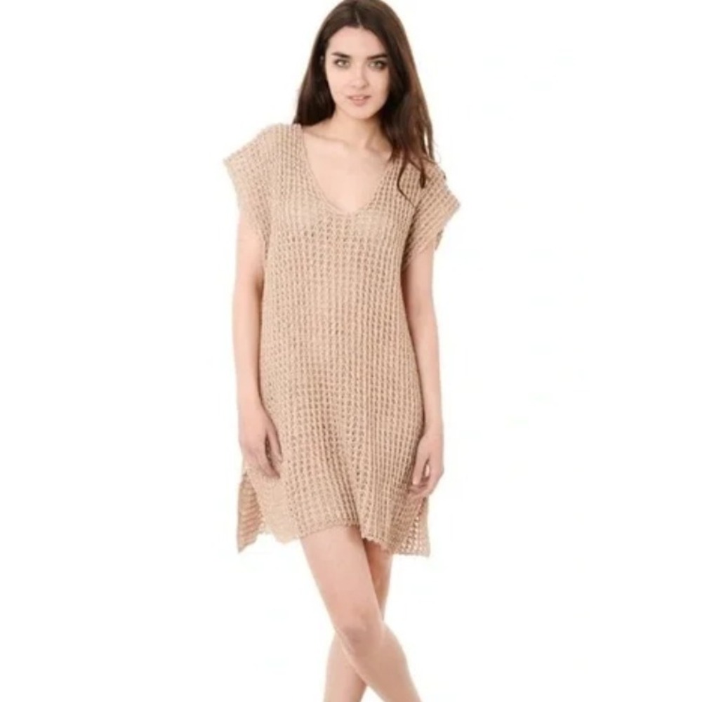Simon Miller Tan Neutral Open Knit Sleeveless‎ V-Neck Mini Dress Womens M
